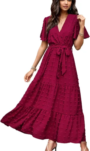 kinstell Women's 2025 Floral Summer Dress Wrap V Neck Short Sleeve Belted Ruffle Hem A-Line Bohemian Maxi Dresses