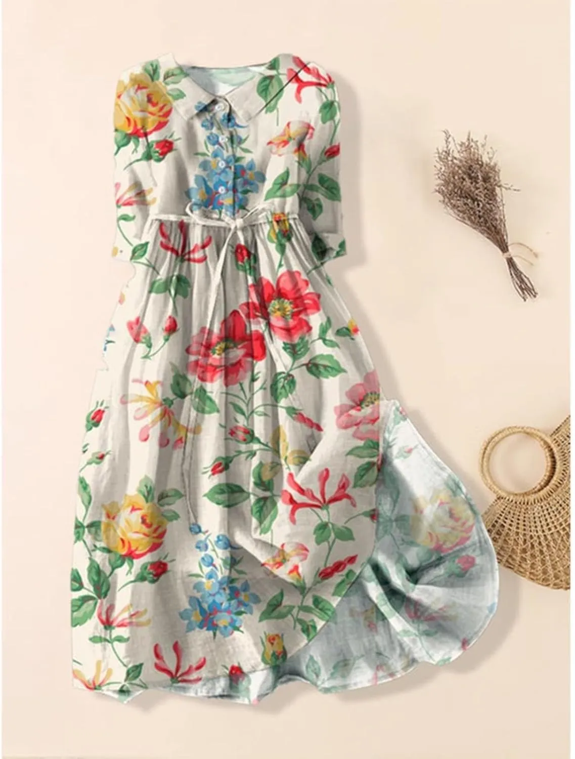 Korean Dress for Women Fashion Lace-Up Waist-Defined Henley Shirt Dress Summer Half Sleeve Trendy A-Line Dresses
