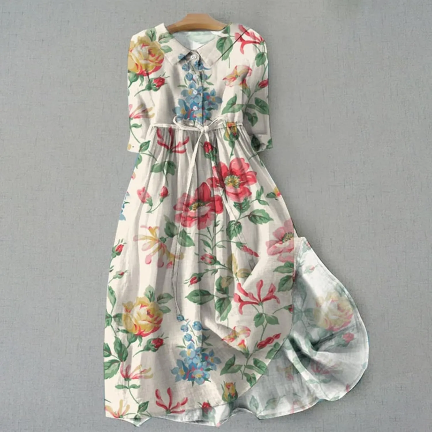 Korean Dress for Women Fashion Lace-Up Waist-Defined Henley Shirt Dress Summer Half Sleeve Trendy A-Line Dresses