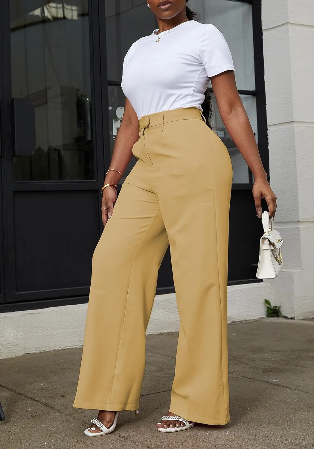 LAJIOJIO High Waist Dress Pants Women Casual,Wide Leg Business Pant Long Trousers with Pockets