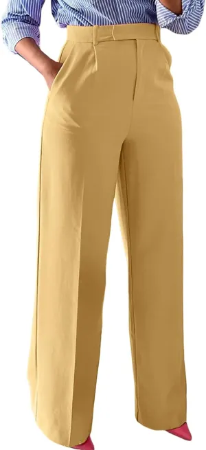 LAJIOJIO High Waist Dress Pants Women Casual,Wide Leg Business Pant Long Trousers with Pockets