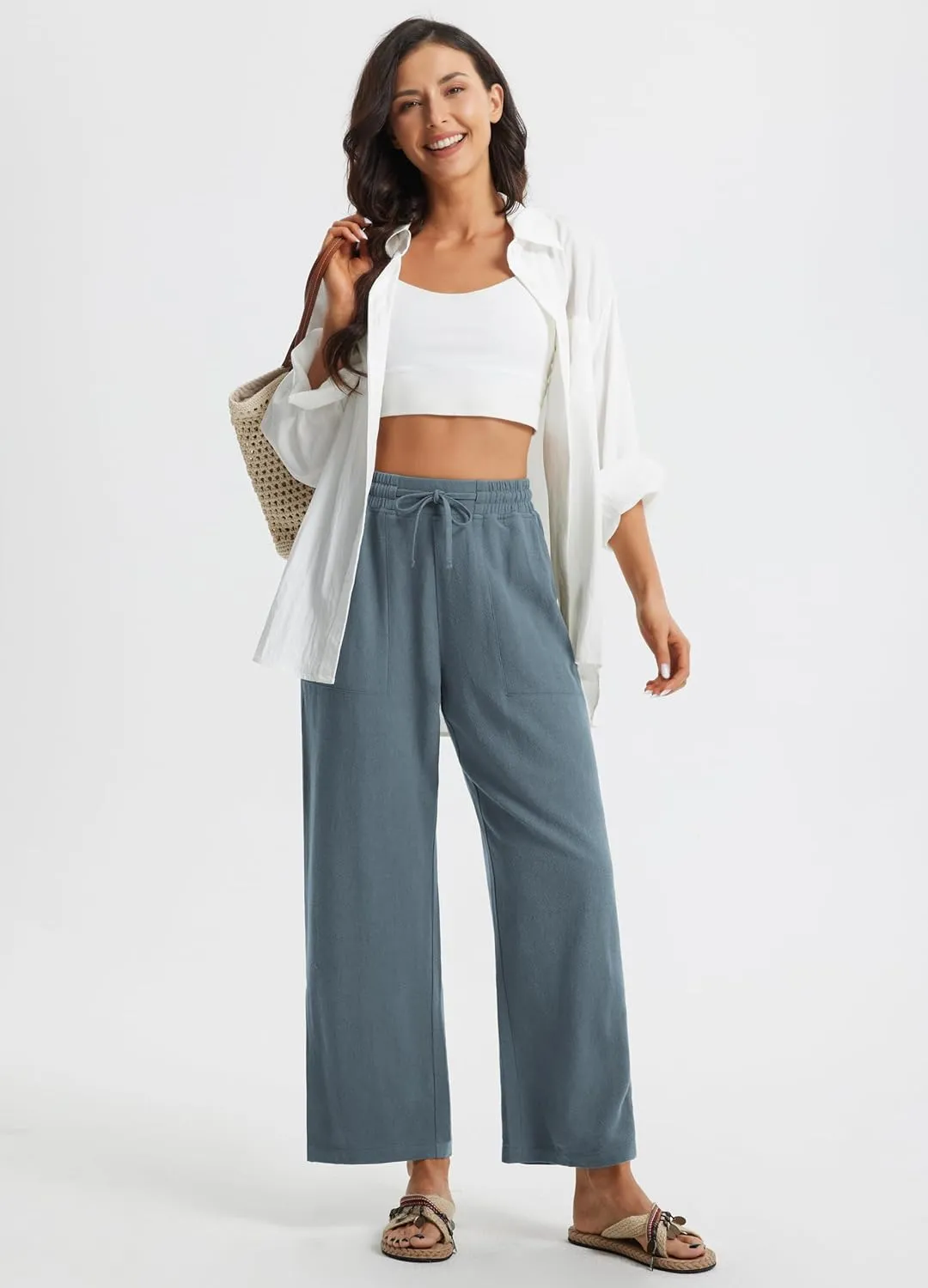 Libin Women Linen Pants Wide Leg Side Slit Ankle Pants High Waist Drawstring Casual Palazzo Loose Beach Pant Cropped Trousers