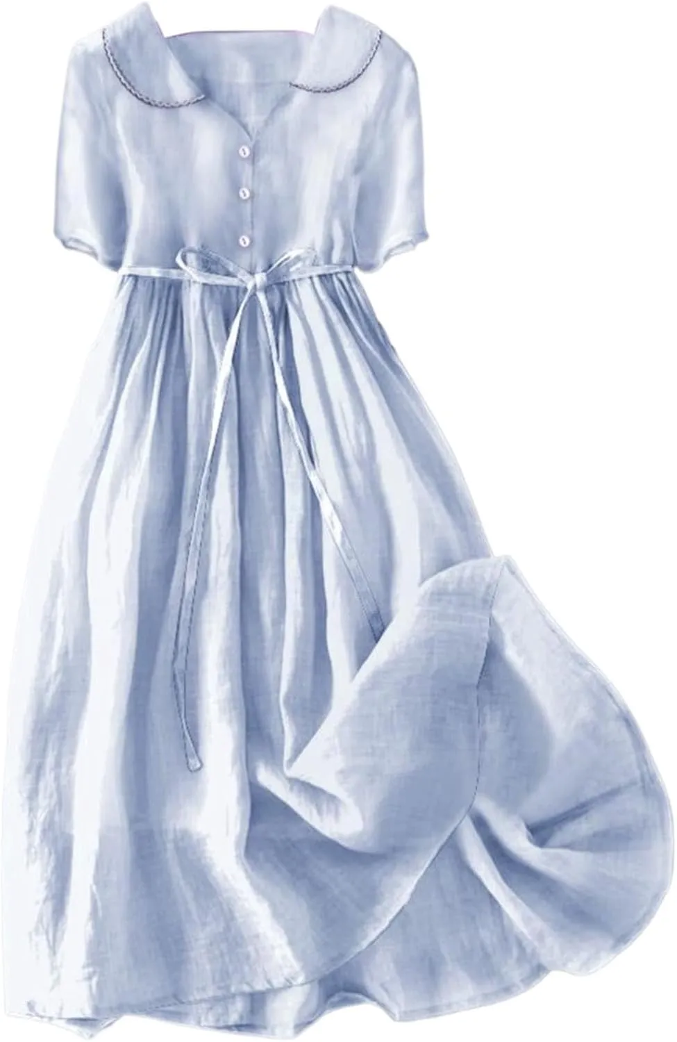 Linen Dresses for Women 2024 Causal Trendy Button Down Lace Up Lapel Collar Short Sleeve Korean Style Midi Dress