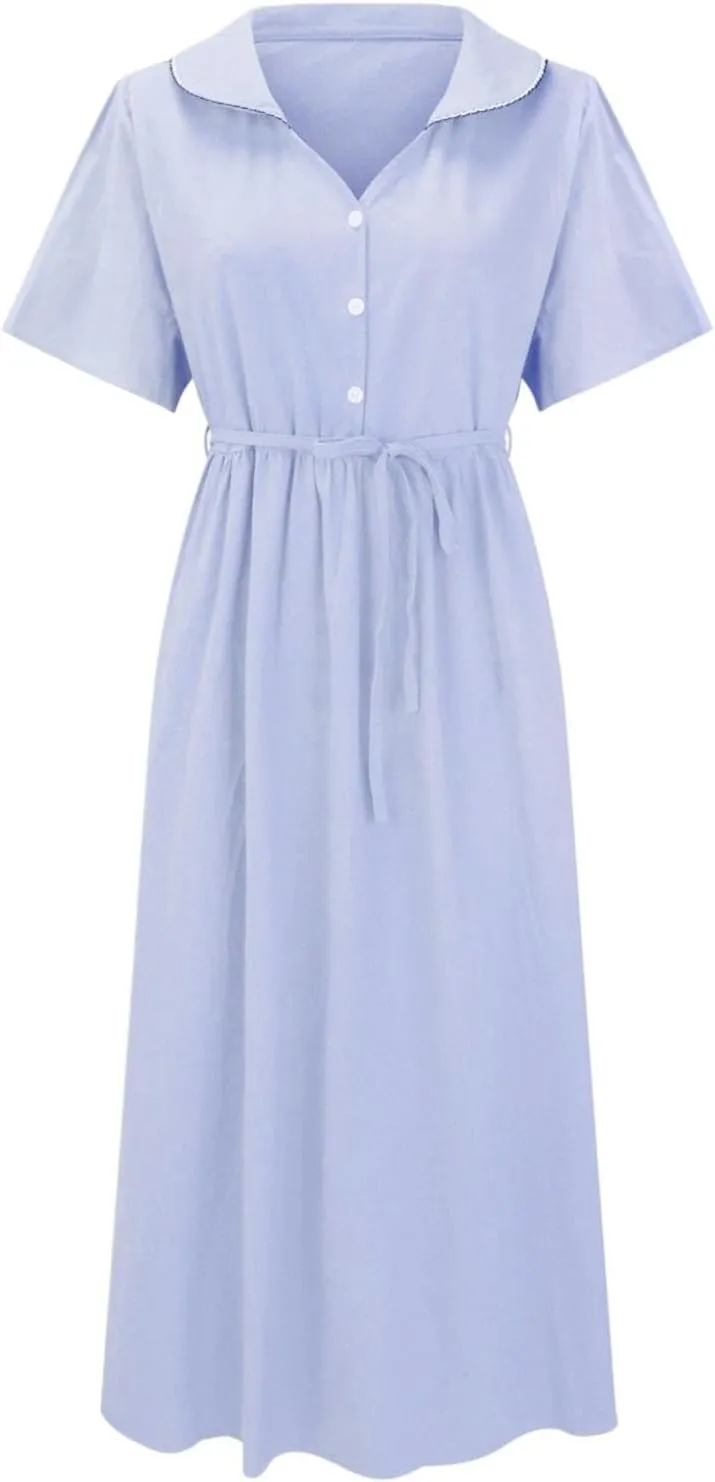 Linen Dresses for Women 2024 Causal Trendy Button Down Lace Up Lapel Collar Short Sleeve Korean Style Midi Dress