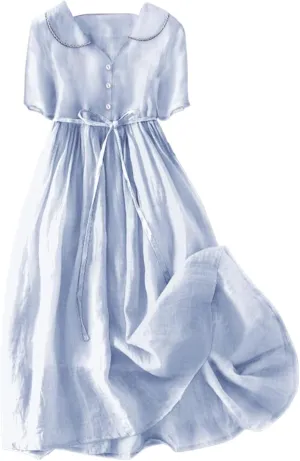 Linen Dresses for Women 2024 Causal Trendy Button Down Lace Up Lapel Collar Short Sleeve Korean Style Midi Dress