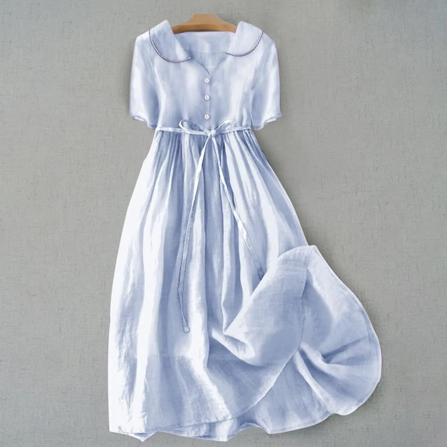 Linen Dresses for Women 2024 Causal Trendy Button Down Lace Up Lapel Collar Short Sleeve Korean Style Midi Dress