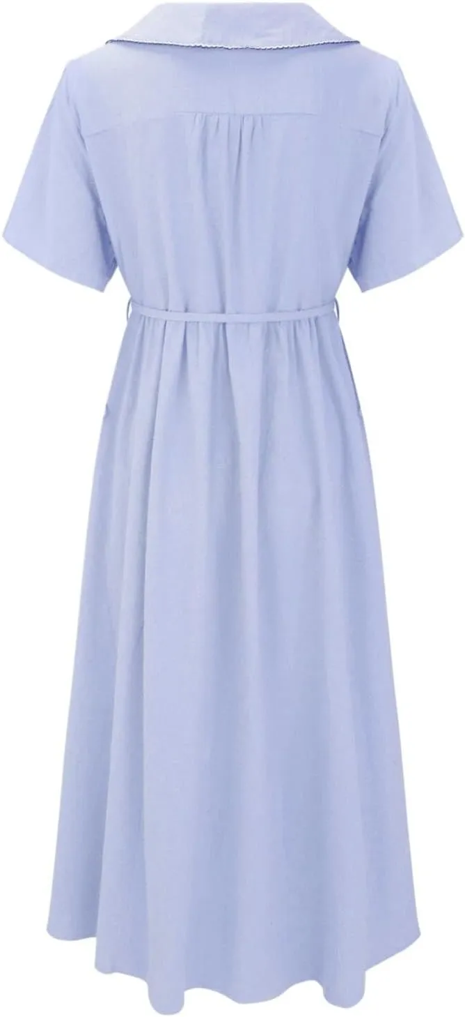 Linen Dresses for Women 2024 Causal Trendy Button Down Lace Up Lapel Collar Short Sleeve Korean Style Midi Dress