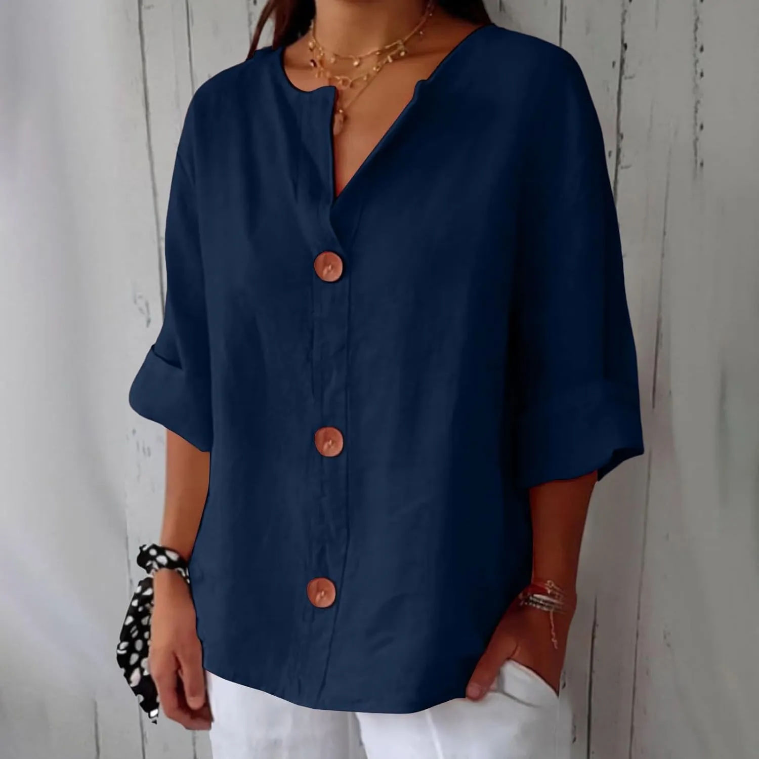 Linen Shirt for Womens Button Down Loose Fit Casual Tunic Tops 2025 Summer Short Sleeve V Neck Trendy Beach T-Shirts