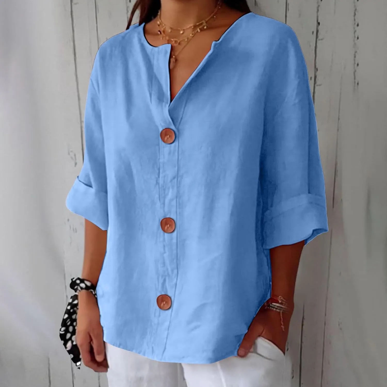 Linen Shirt for Womens Button Down Loose Fit Casual Tunic Tops 2025 Summer Short Sleeve V Neck Trendy Beach T-Shirts