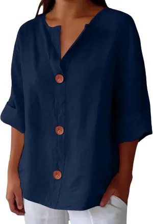 Linen Shirt for Womens Button Down Loose Fit Casual Tunic Tops 2025 Summer Short Sleeve V Neck Trendy Beach T-Shirts