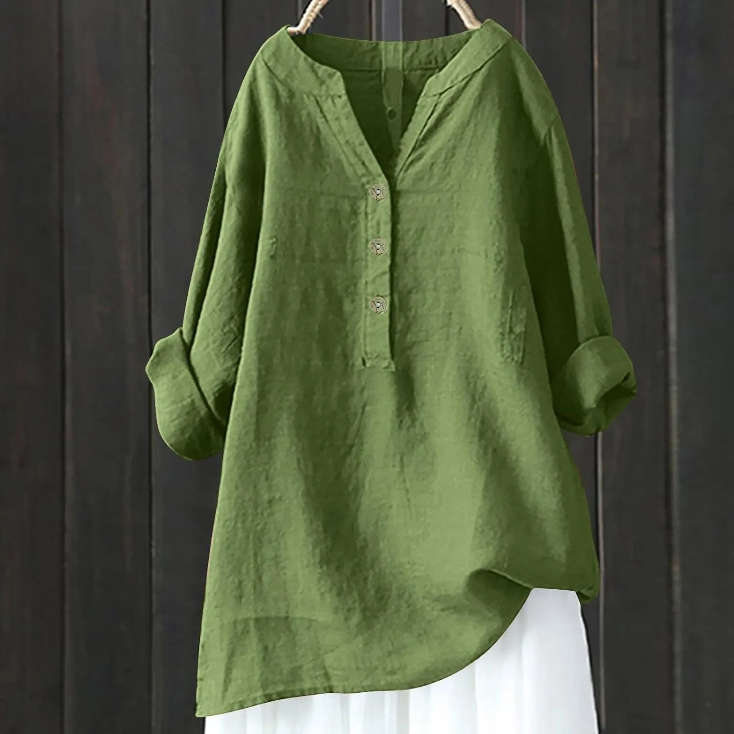 Linen Shirts for Women 3/4 Sleeve V Neck Solid Color Loose Blouses Buttons Plus Size Fit T-Shirts Summer Holiday Tops