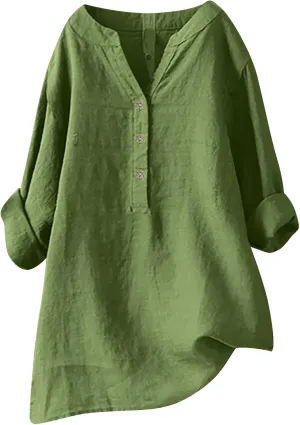 Linen Shirts for Women 3/4 Sleeve V Neck Solid Color Loose Blouses Buttons Plus Size Fit T-Shirts Summer Holiday Tops