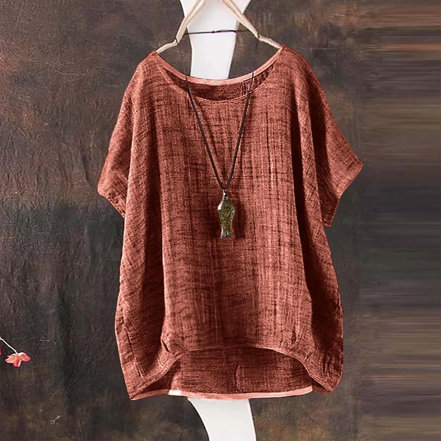 Linen Shirts for Women Summer 2025 Trendy Plus Size Crewneck Short Sleeve Cute Tops Casual Loose Fit Comfy Blouses