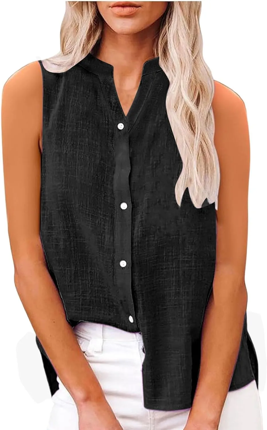 Linen Shirts for Women V Neck Tank Tops Dressy Casual Sleeveless Shirt Loose Fit Button Down Blouse Office Outfits