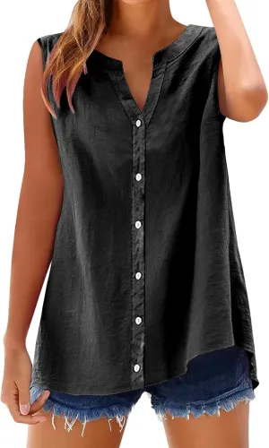 Linen Shirts for Women V Neck Tank Tops Dressy Casual Sleeveless Shirt Loose Fit Button Down Blouse Office Outfits