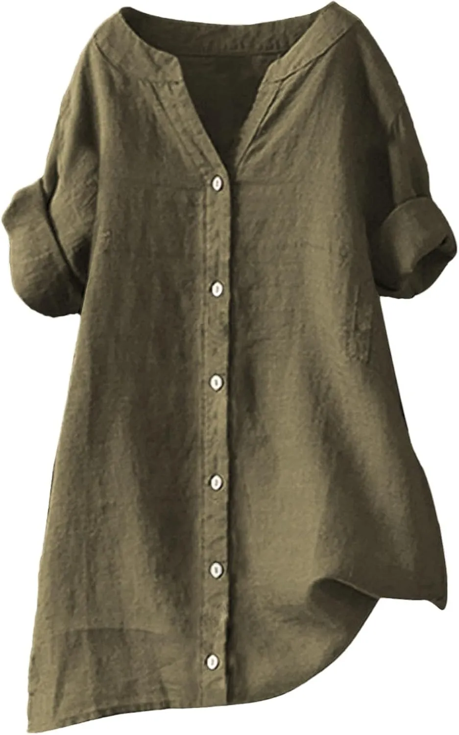 Linen Shirts for Women Womens Tops 3/4 Sleeve Button Down Shirts V Neck Solid Casual Tunic Blouses with Pocket