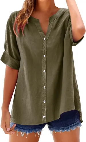 Linen Shirts for Women Womens Tops 3/4 Sleeve Button Down Shirts V Neck Solid Casual Tunic Blouses with Pocket