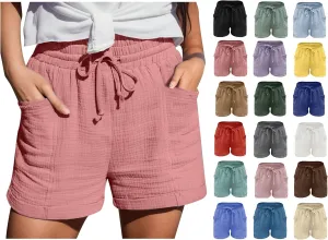 Linen Shorts for Women High Waisted Wide Leg Drawstring Casual Summer Beach Shorts Plus Size Cute Flowy Lounge Shorts