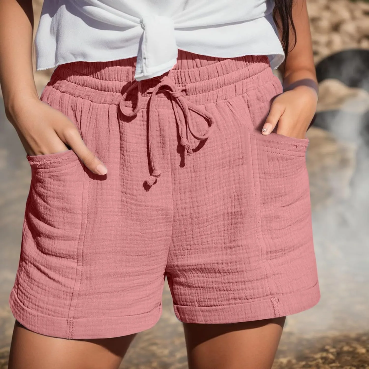 Linen Shorts for Women High Waisted Wide Leg Drawstring Casual Summer Beach Shorts Plus Size Cute Flowy Lounge Shorts