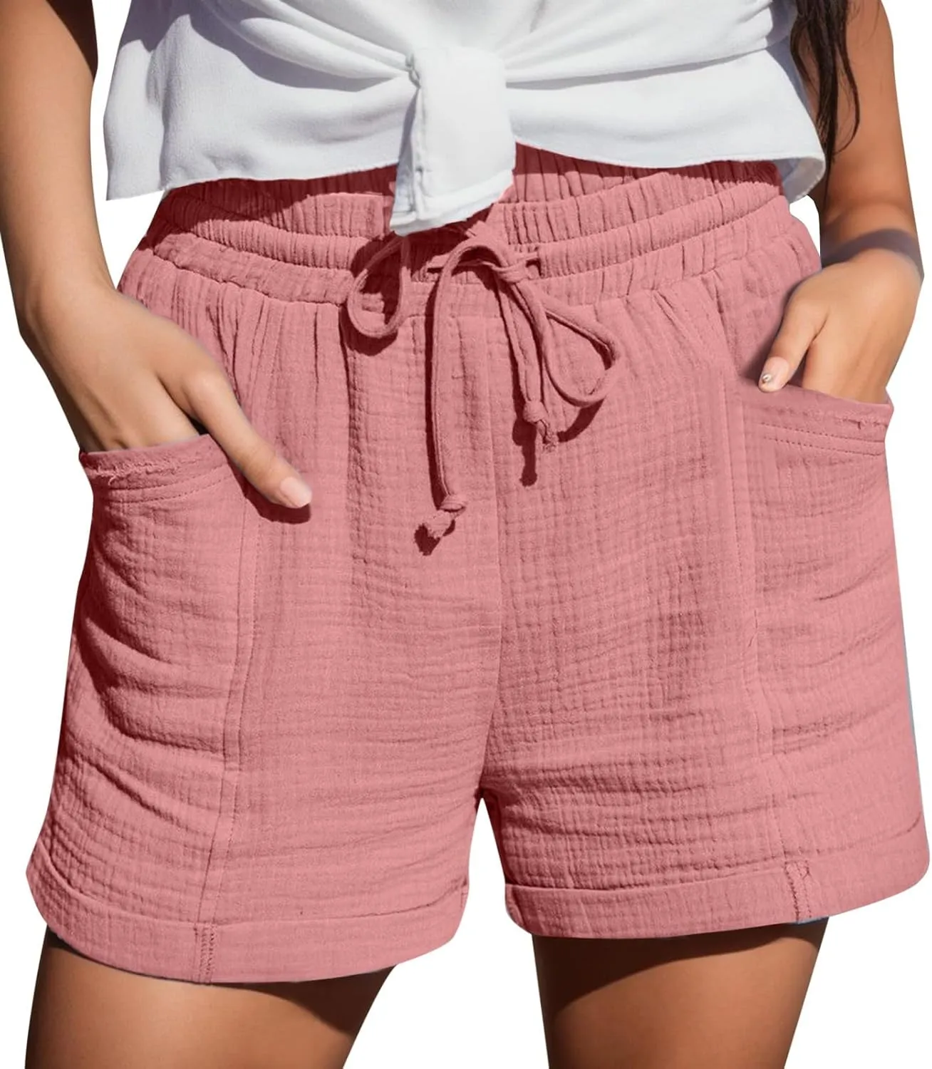 Linen Shorts for Women High Waisted Wide Leg Drawstring Casual Summer Beach Shorts Plus Size Cute Flowy Lounge Shorts