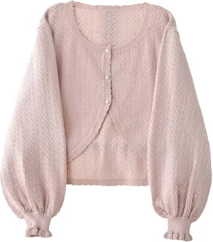 Lolita Short Cardigan Cute Loose Cable Knit Button Up Sweaters Women Teen Vintage Kawaii Open Front Crochet Shrug