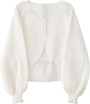 Lolita Short Cardigan Cute Loose Cable Knit Button Up Sweaters Women Teen Vintage Kawaii Open Front Crochet Shrug