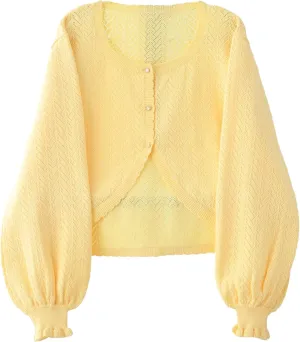 Lolita Short Cardigan Cute Loose Cable Knit Button Up Sweaters Women Teen Vintage Kawaii Open Front Crochet Shrug