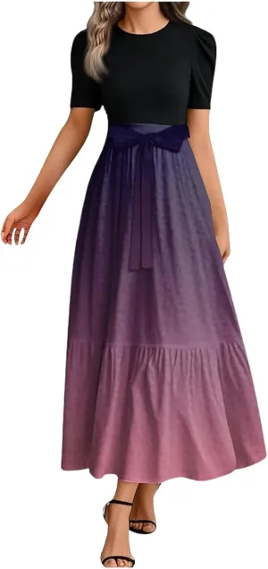 Long Floral Dresses for Women 2025 Elegant Boho Tie Belted Patchwork Waist Short Sleeve A-Line Flowy Maxi Dress