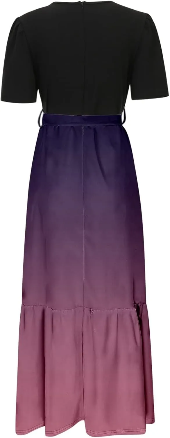 Long Floral Dresses for Women 2025 Elegant Boho Tie Belted Patchwork Waist Short Sleeve A-Line Flowy Maxi Dress