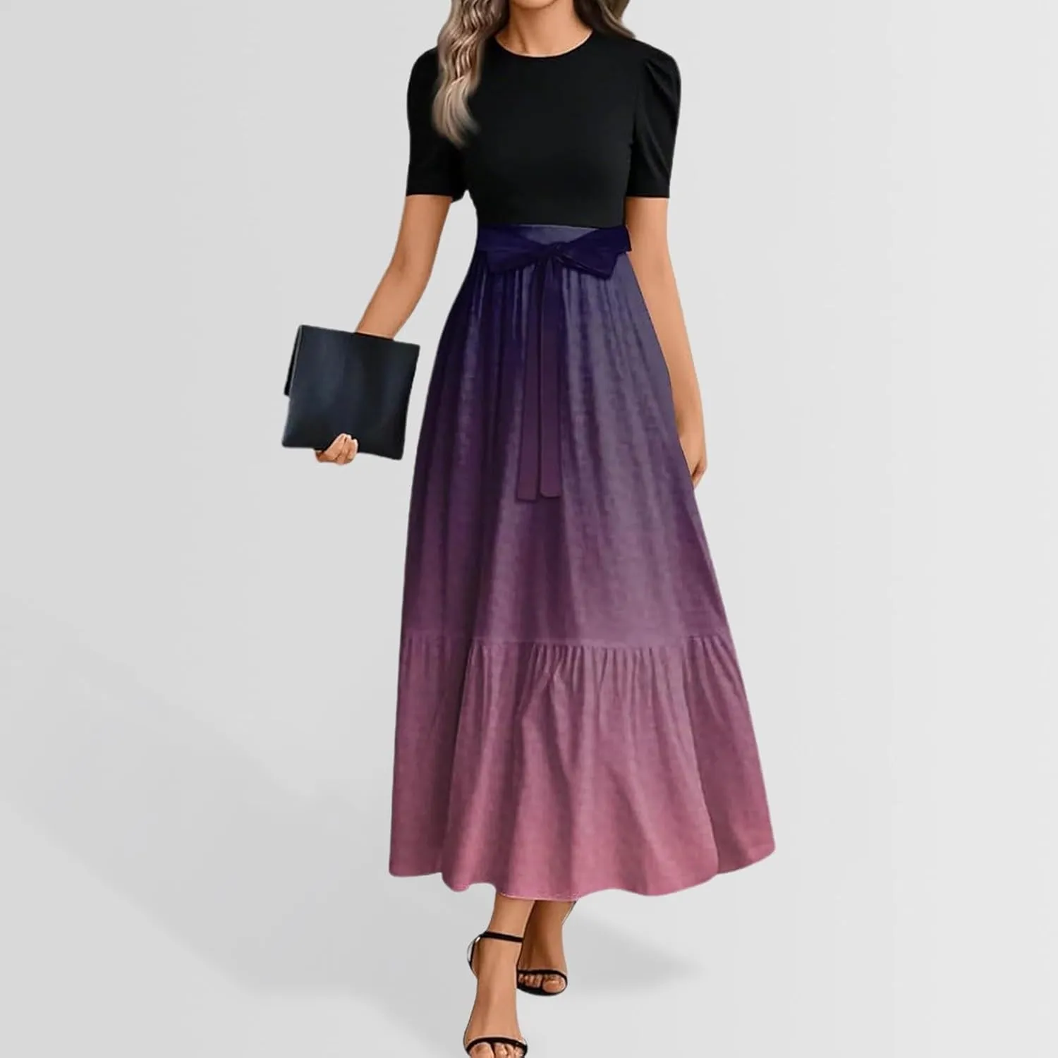 Long Floral Dresses for Women 2025 Elegant Boho Tie Belted Patchwork Waist Short Sleeve A-Line Flowy Maxi Dress