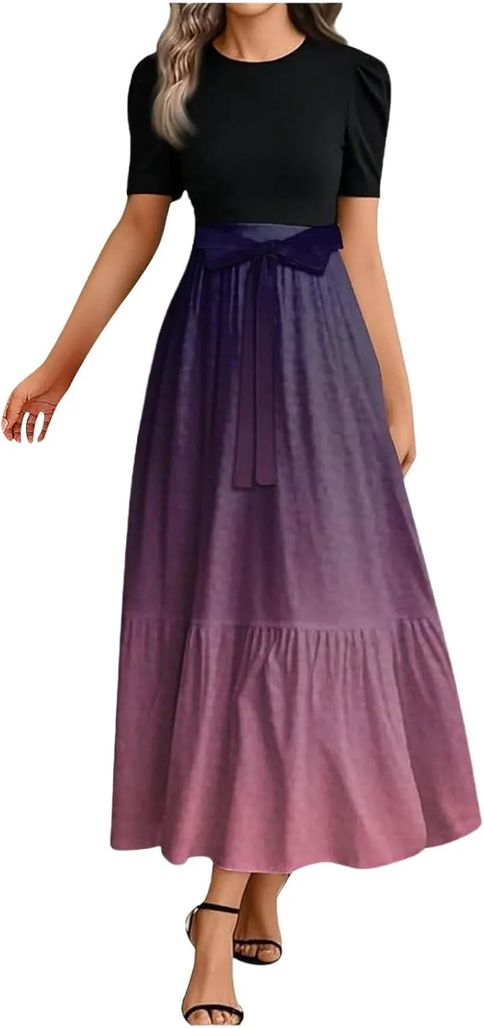 Long Floral Dresses for Women 2025 Elegant Boho Tie Belted Patchwork Waist Short Sleeve A-Line Flowy Maxi Dress