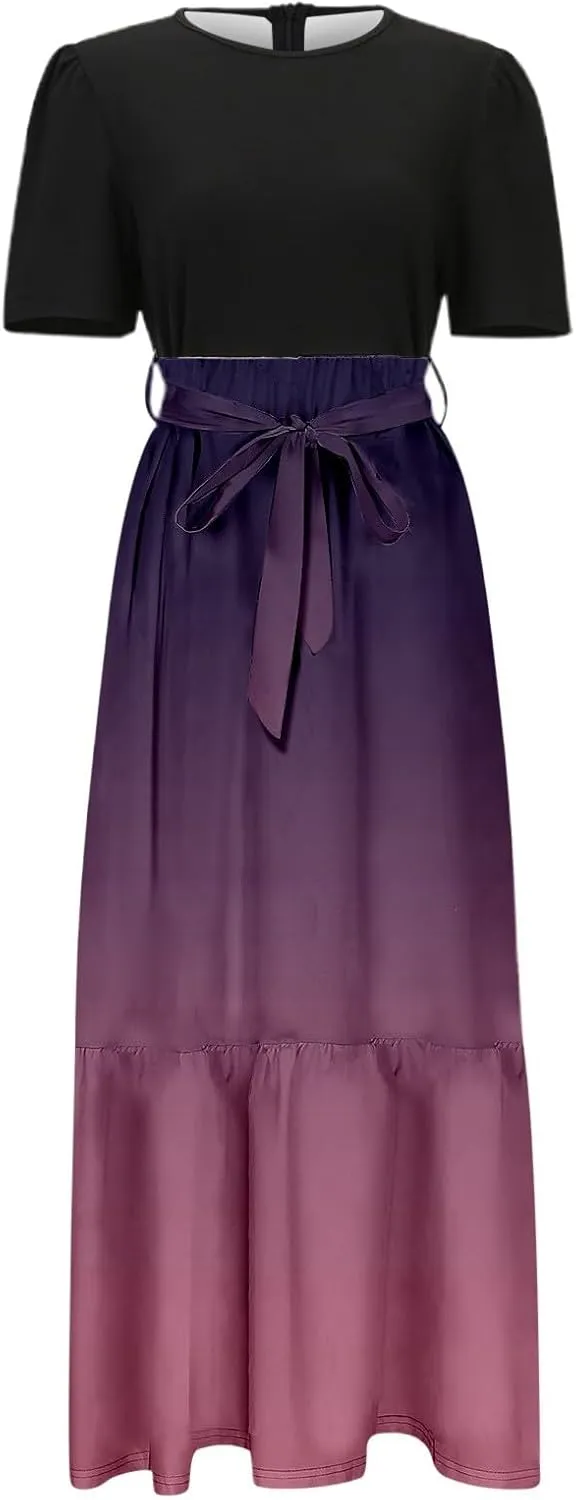 Long Floral Dresses for Women 2025 Elegant Boho Tie Belted Patchwork Waist Short Sleeve A-Line Flowy Maxi Dress