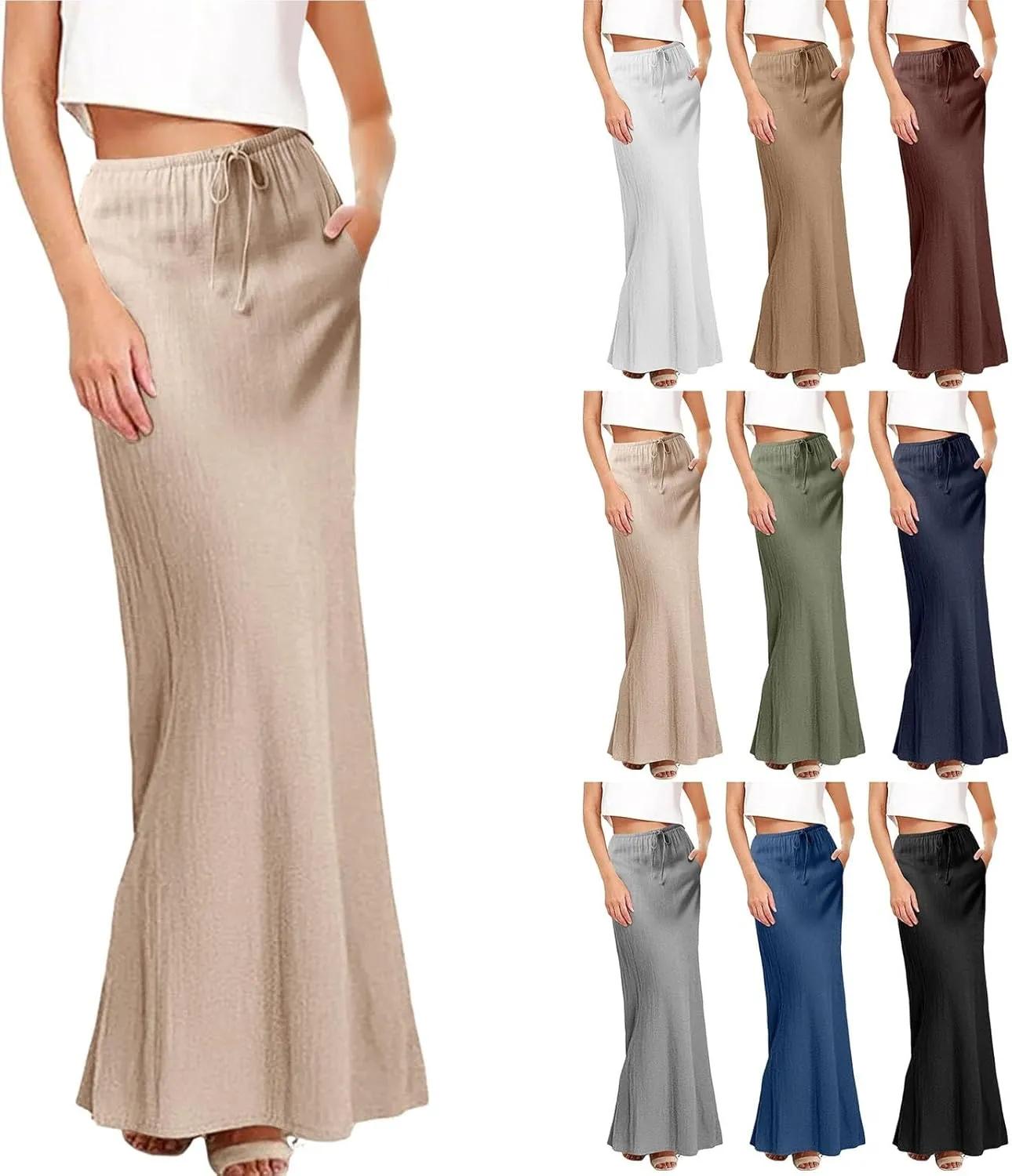 Long Skirts for Women Cotton Linen Boho Maxi Skirt Spring Summer Trendy Vacation Casual Flowy Drawstring Skirts
