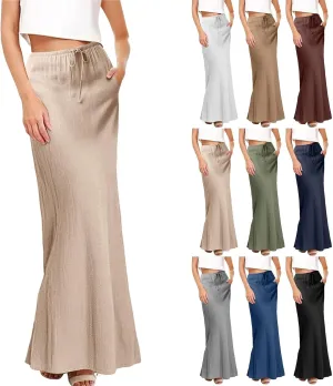 Long Skirts for Women Cotton Linen Boho Maxi Skirt Spring Summer Trendy Vacation Casual Flowy Drawstring Skirts