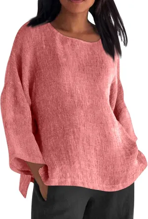 Long Sleeve Cotton Linen Shirts for Women Summer Tops Blouse Plus Size Tunic Crewneck Tshirts Tees Tunic