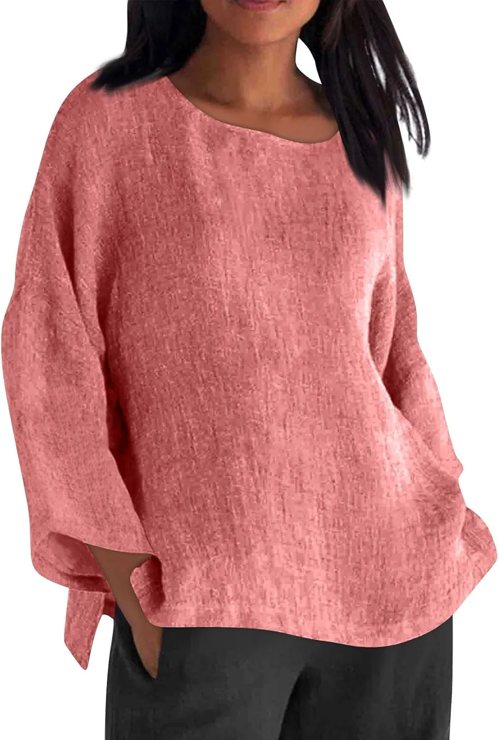 Long Sleeve Cotton Linen Shirts for Women Summer Tops Blouse Plus Size Tunic Crewneck Tshirts Tees Tunic