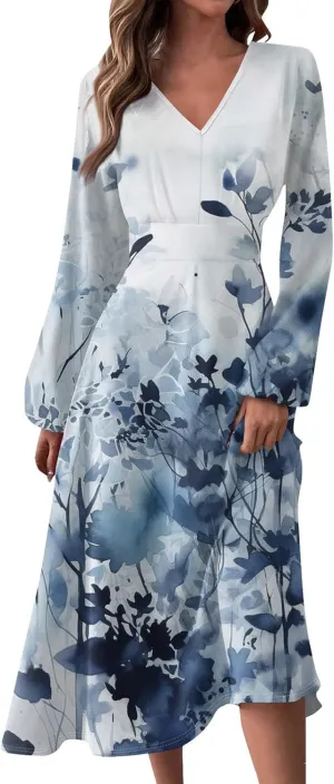 Long Sleeve Dresses for Wedding Guest Women Fall Wrap V Neck Ruffle Belted A-Line Flowy Midi Dresses