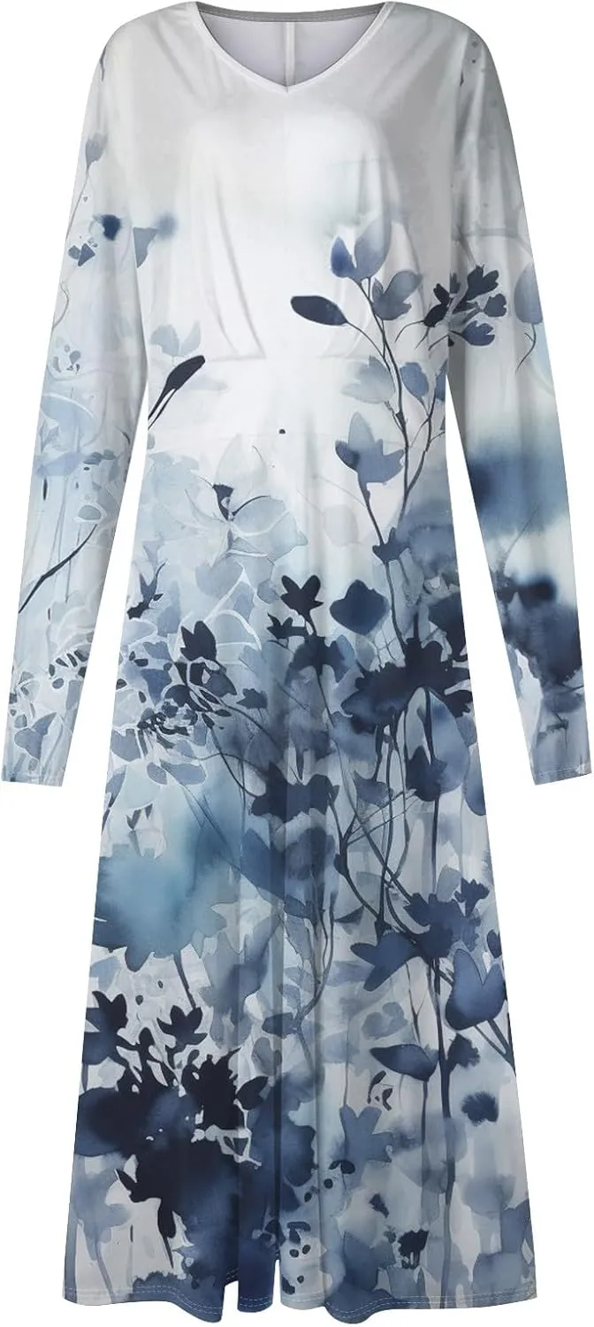 Long Sleeve Dresses for Wedding Guest Women Fall Wrap V Neck Ruffle Belted A-Line Flowy Midi Dresses