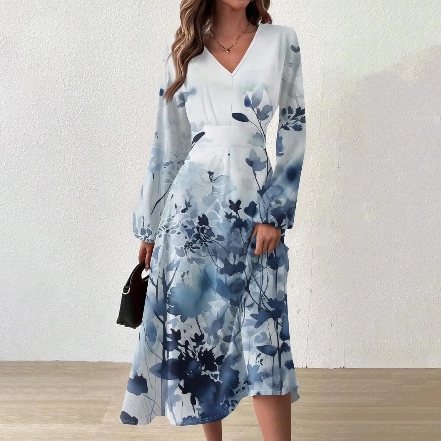 Long Sleeve Dresses for Wedding Guest Women Fall Wrap V Neck Ruffle Belted A-Line Flowy Midi Dresses