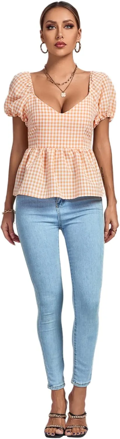 LYANER Women's V Neck Ruffle Hem Shirred Back Puff Short Sleeve Peplum Top Blouse