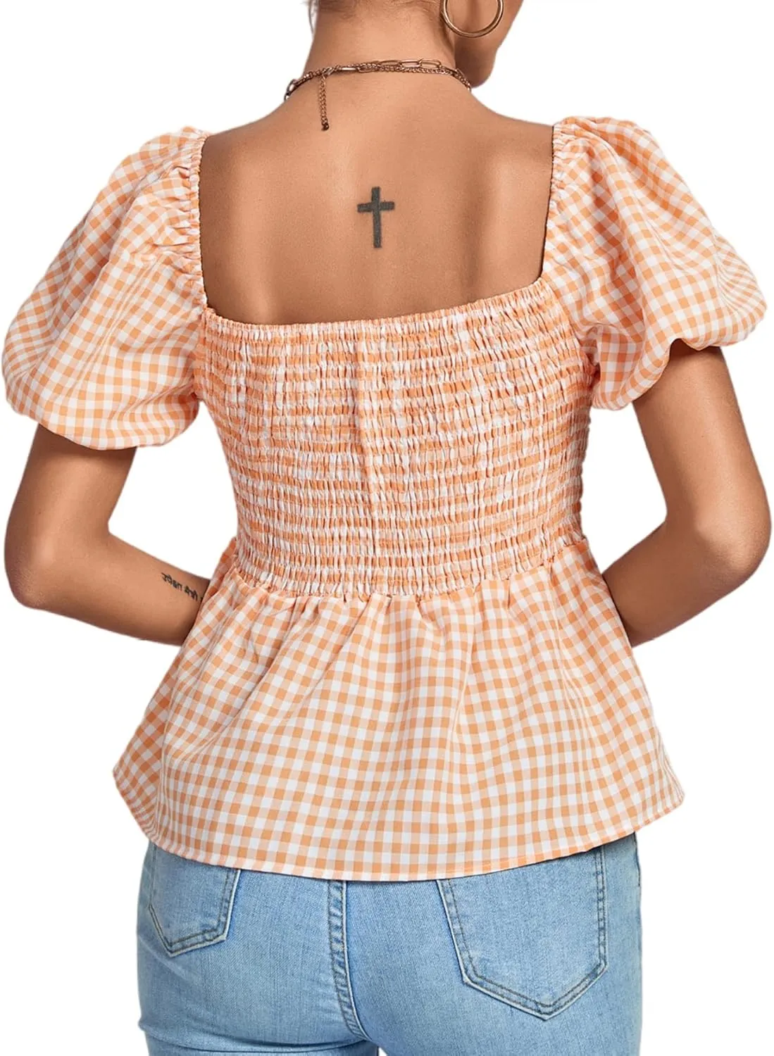 LYANER Women's V Neck Ruffle Hem Shirred Back Puff Short Sleeve Peplum Top Blouse