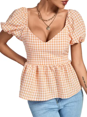 LYANER Women's V Neck Ruffle Hem Shirred Back Puff Short Sleeve Peplum Top Blouse