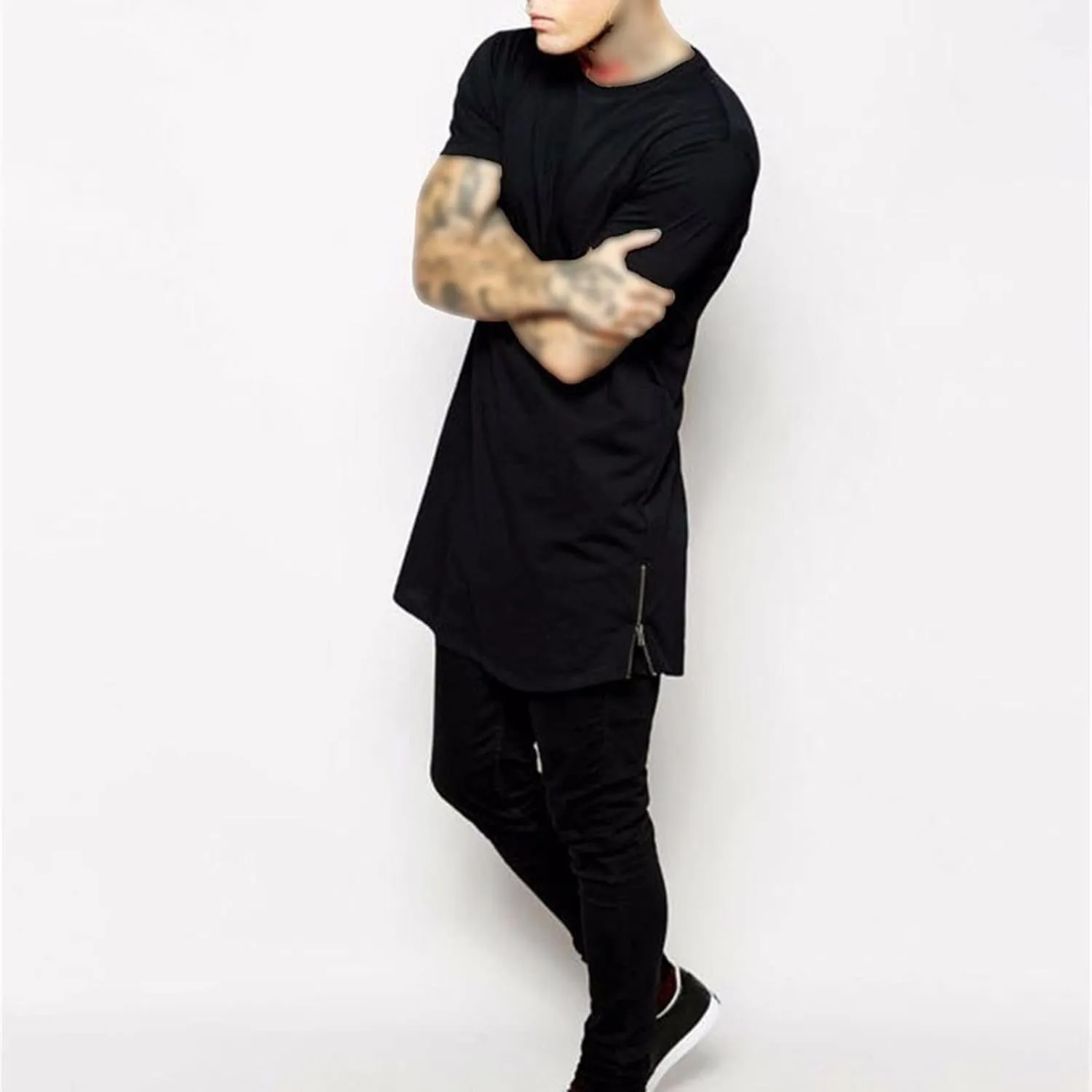 Maiyifu-GJ Mens Hip Hop Hipster Streetwear Short Sleeve Fashion Workout Side Zipper Trim Tee Elongated Longline T-Shirts