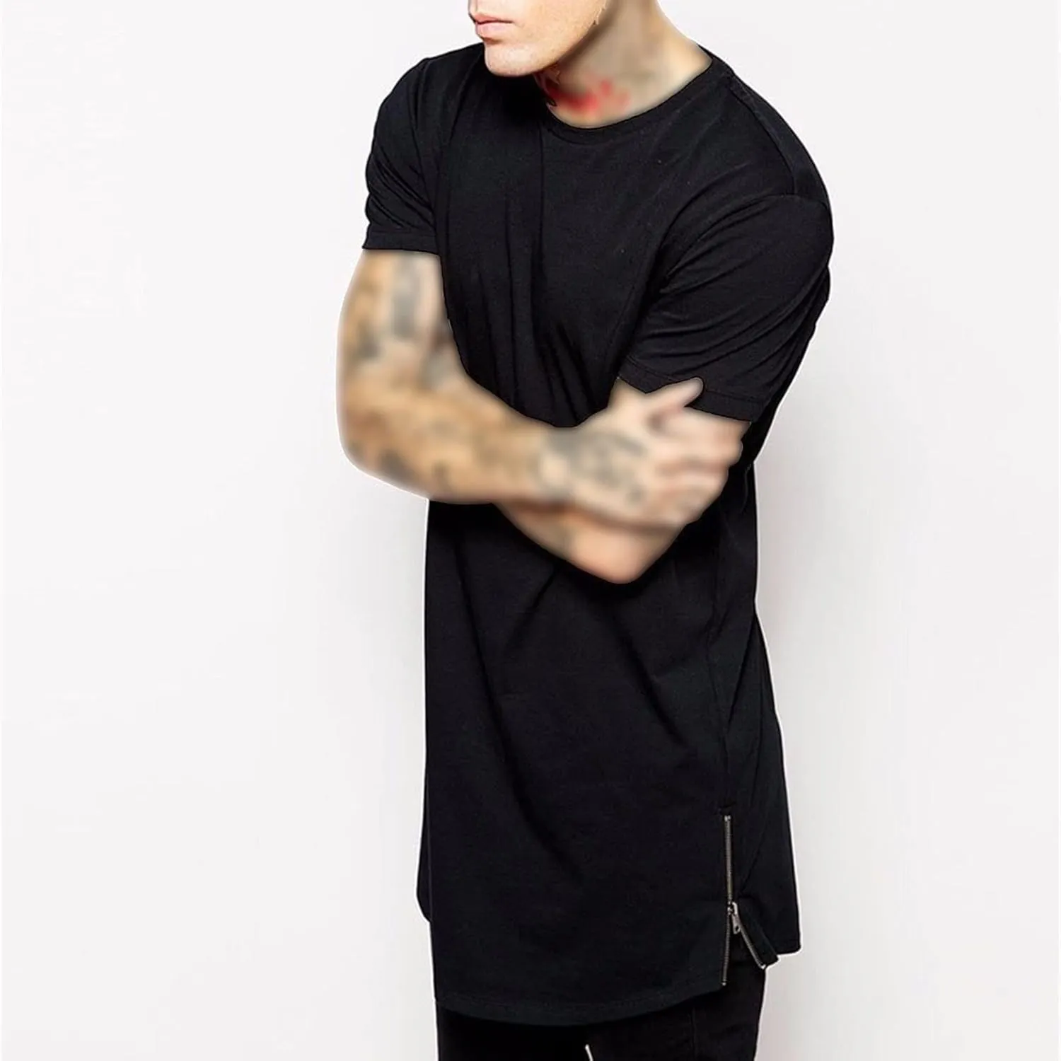 Maiyifu-GJ Mens Hip Hop Hipster Streetwear Short Sleeve Fashion Workout Side Zipper Trim Tee Elongated Longline T-Shirts