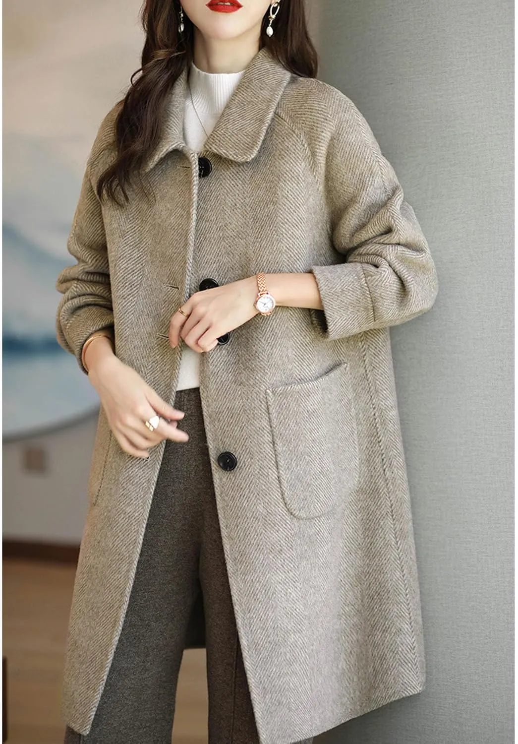Maiyifu-GJ Womens Wool Blend Coat Single Breasted Long Trench Coat Elegant Overcoat Long Sleeve Outerwear with Pockets
