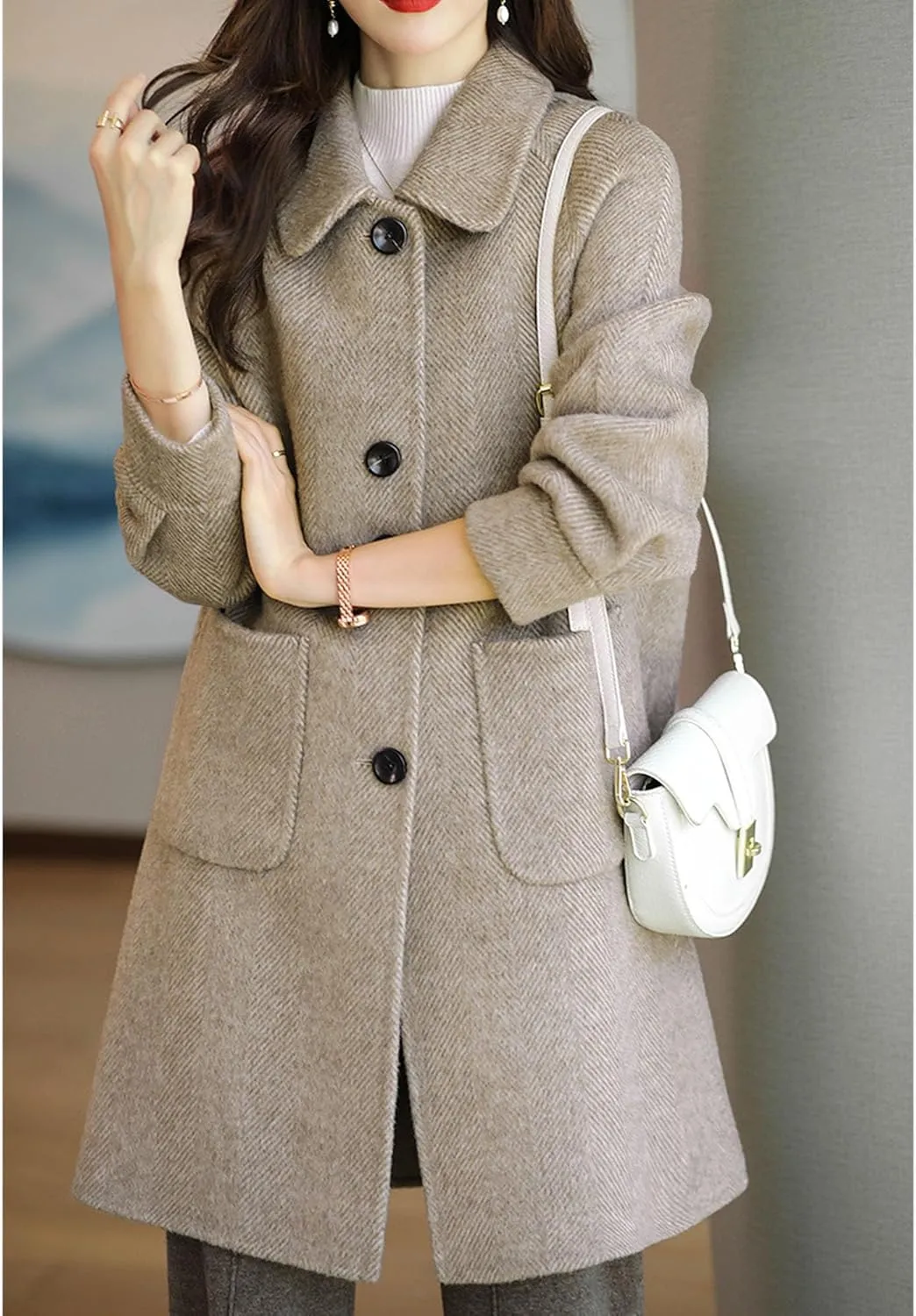 Maiyifu-GJ Womens Wool Blend Coat Single Breasted Long Trench Coat Elegant Overcoat Long Sleeve Outerwear with Pockets