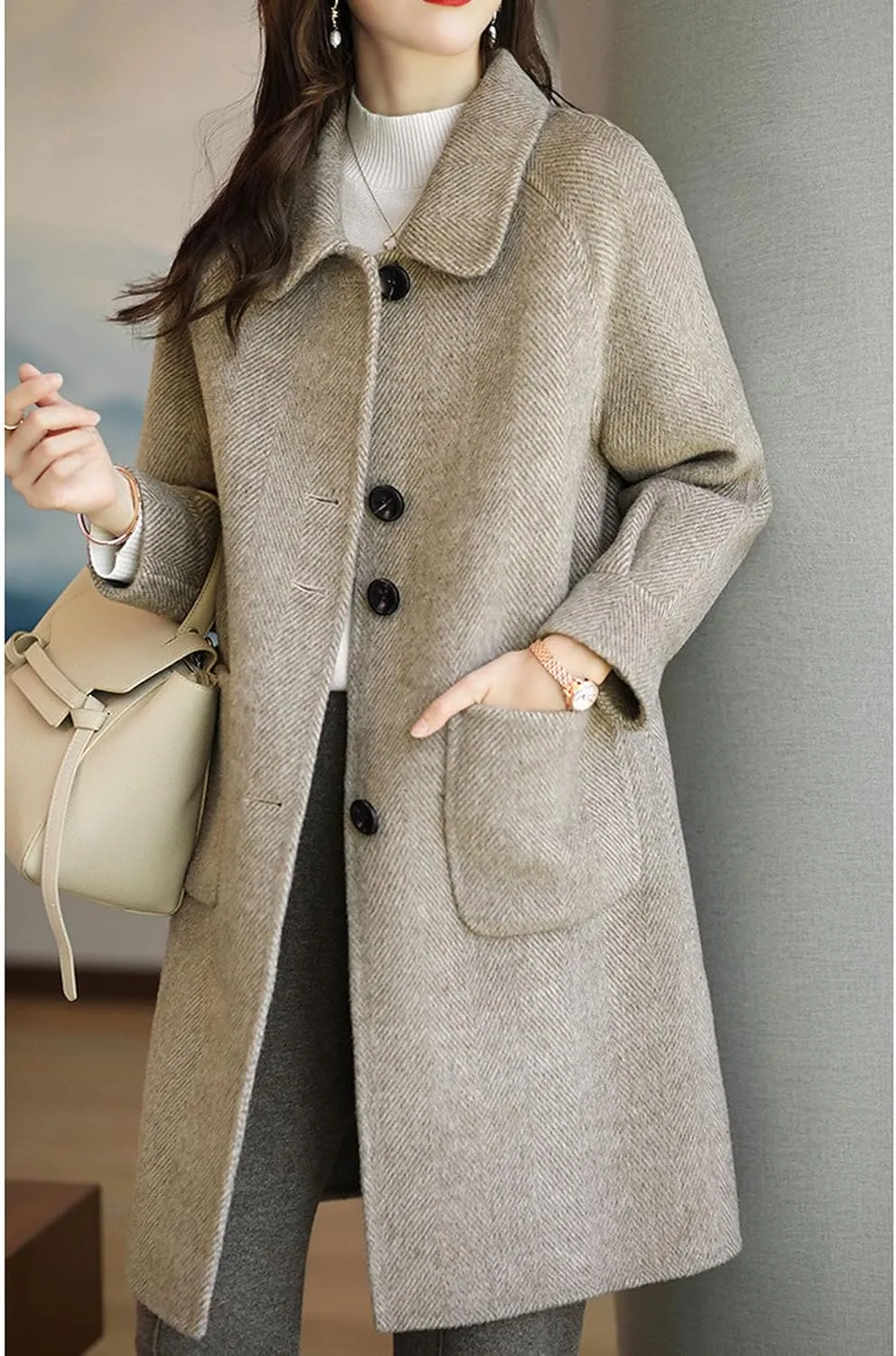 Maiyifu-GJ Womens Wool Blend Coat Single Breasted Long Trench Coat Elegant Overcoat Long Sleeve Outerwear with Pockets