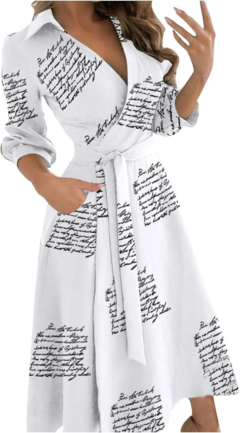 Maxi Dress for Women,2024 Summer Elegant Lapel V Neck Long/Short Sleeve Belt Office Dress,Flowy Ruched Beach Dress