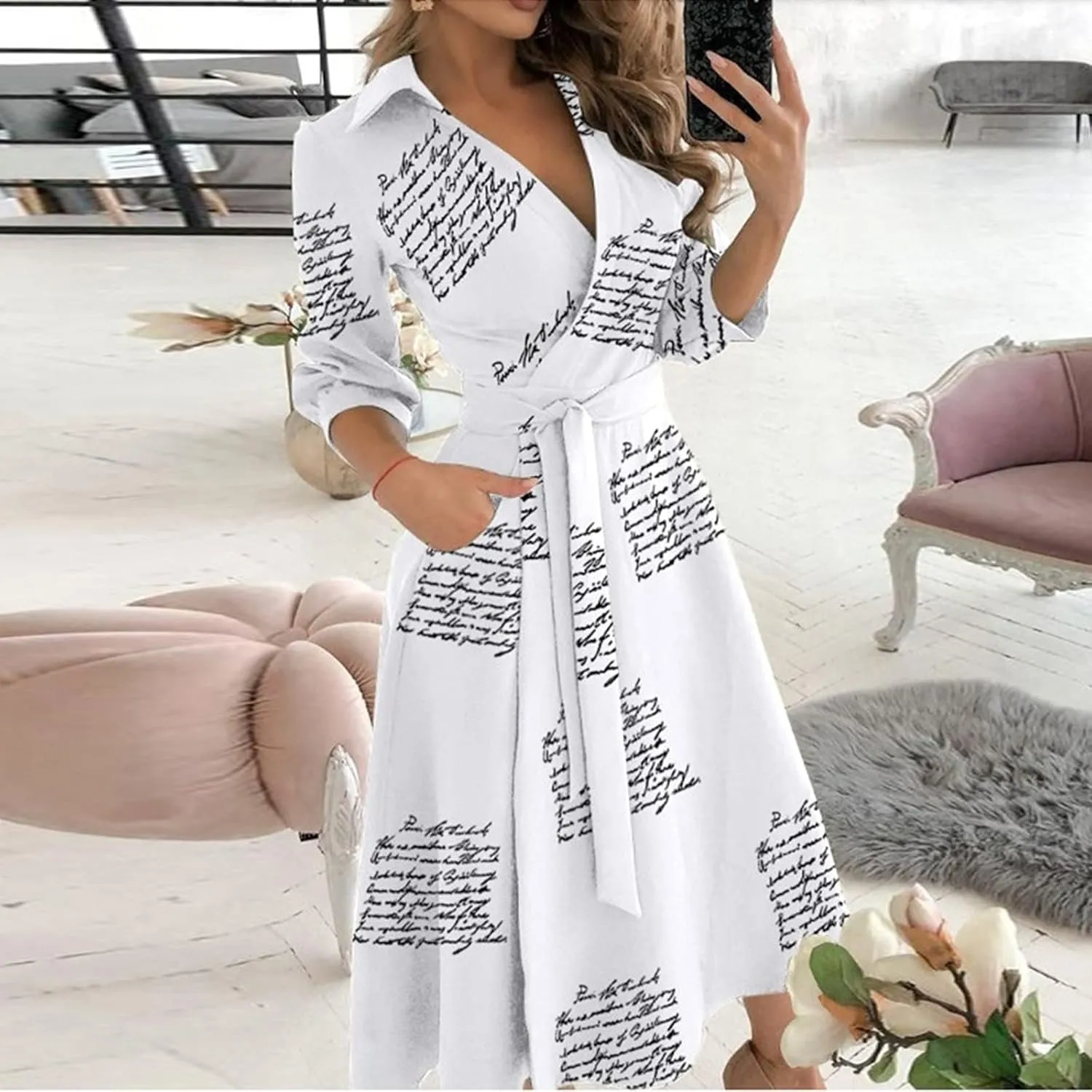 Maxi Dress for Women,2024 Summer Elegant Lapel V Neck Long/Short Sleeve Belt Office Dress,Flowy Ruched Beach Dress