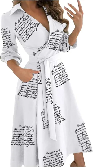 Maxi Dress for Women,2024 Summer Elegant Lapel V Neck Long/Short Sleeve Belt Office Dress,Flowy Ruched Beach Dress